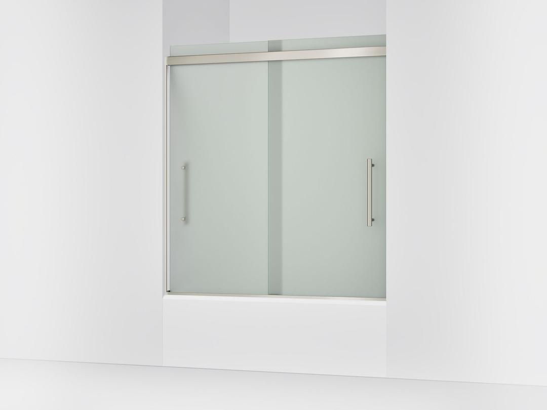 Kohler Pleat Frameless sliding bath door, 63-9/16'' H x 54-5/8 - 59-5/8'' W, with 5/16'' thick Frosted glass - Anodized Brushed Nickel by Kohler
