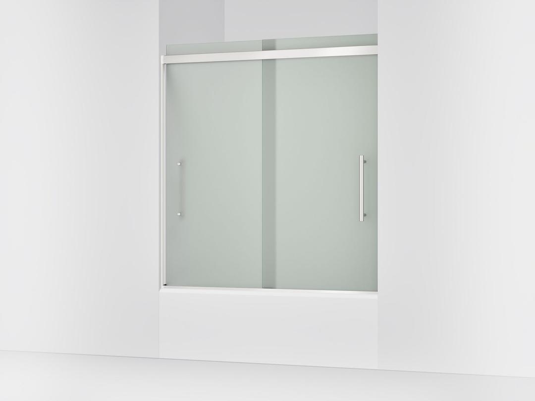 Kohler Pleat Frameless sliding bath door, 63-9/16'' H x 54-5/8 - 59-5/8'' W, with 5/16'' thick Frosted glass - Bright Polished Silver by Kohler