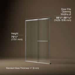 Kohler Elate Sliding shower door, 70-1/2'' H x 56-1/4 - 59-5/8'' W, with 1/4'' thick Crystal Clear glass - Matte Nickel - image 3