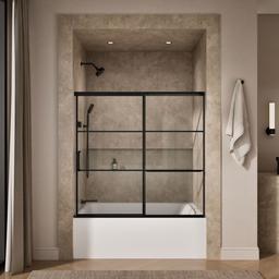 Kohler Elate Sliding bath door, 56-3/4'' H x 56-1/4 - 59-5/8'' W, with 1/4'' thick Crystal Clear glass with rectangular grille pattern - Matte Black - image 4