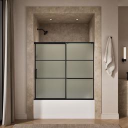 Kohler Elate Sliding bath door, 56-3/4'' H x 56-1/4 - 59-5/8'' W, with 1/4'' thick Frosted glass with rectangular grille pattern - Matte Black - image 4