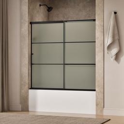 Kohler Elate Sliding bath door, 56-3/4'' H x 56-1/4 - 59-5/8'' W, with 1/4'' thick Frosted glass with rectangular grille pattern - Matte Black - image 2