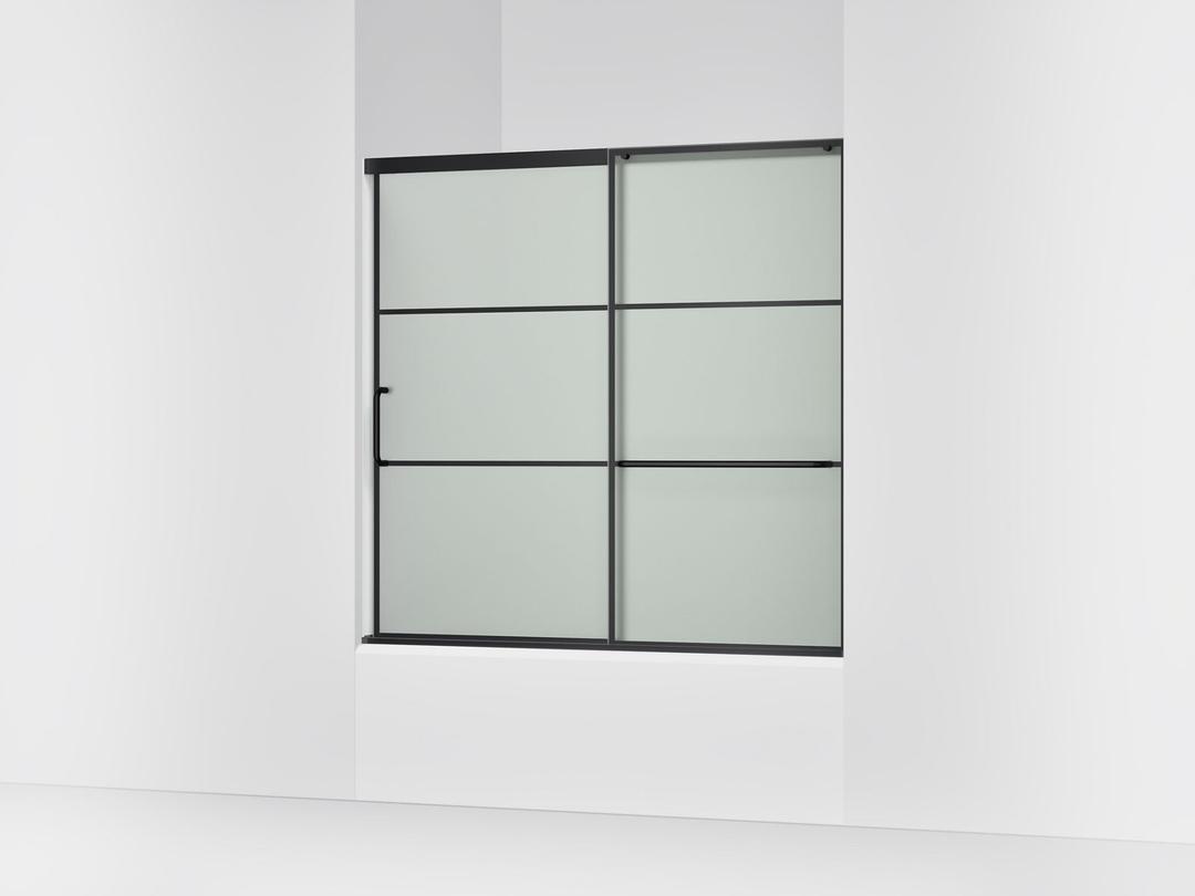 Kohler Elate Sliding bath door, 56-3/4'' H x 56-1/4 - 59-5/8'' W, with 1/4'' thick Frosted glass with rectangular grille pattern - Matte Black by Kohler