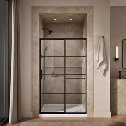 Kohler Elate Sliding shower door, 75-1/2'' H x 44-1/4 - 47-5/8'' W, with heavy 5/16'' thick Crystal Clear glass with rectangular grille pattern - Matte Black - image 4
