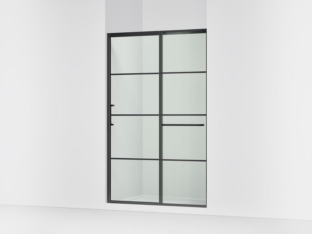 Kohler Elate Sliding shower door, 75-1/2'' H x 44-1/4 - 47-5/8'' W, with heavy 5/16'' thick Crystal Clear glass with rectangular grille pattern - Matte Black by Kohler