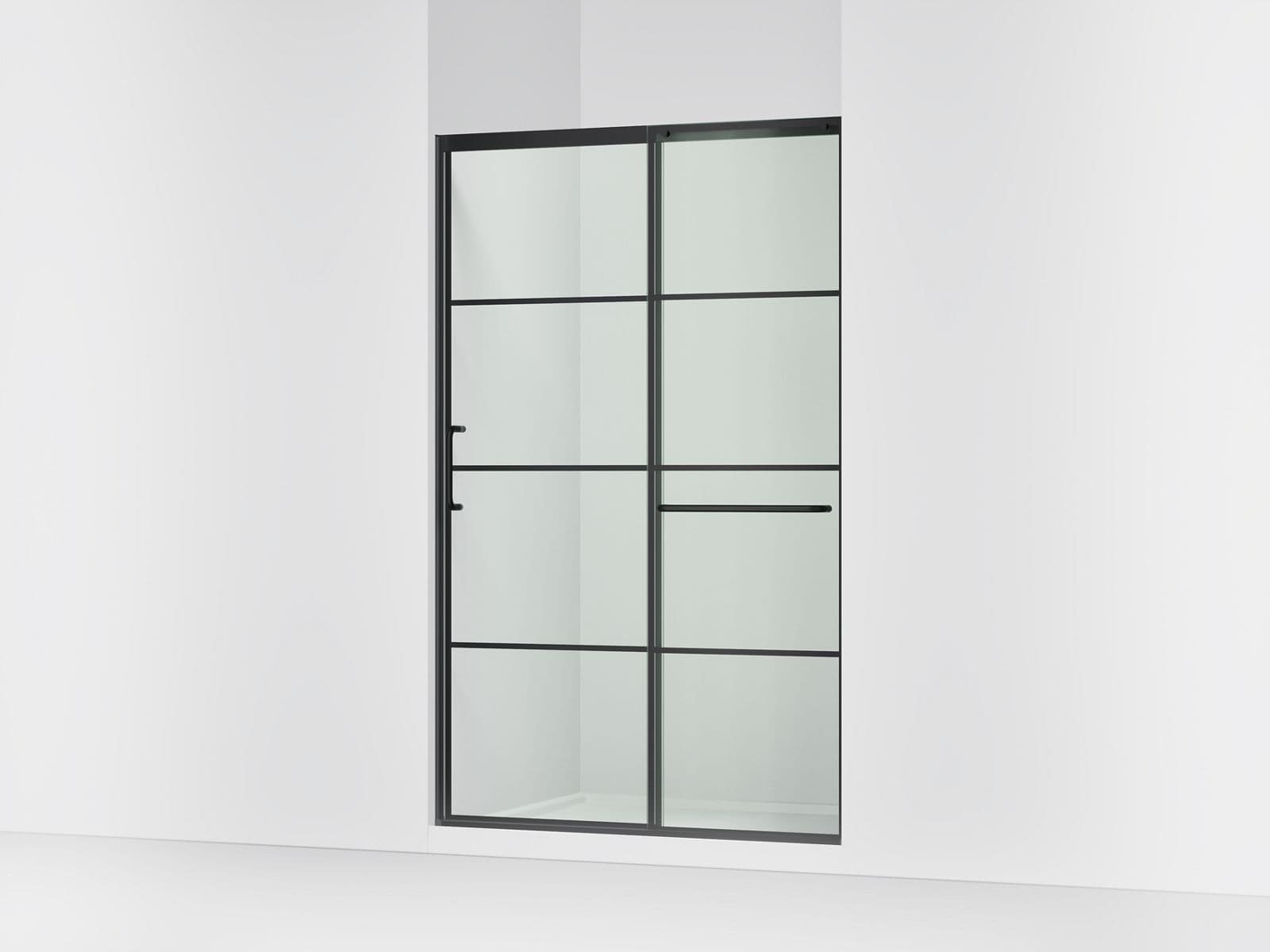 Kohler Elate Sliding shower door, 75-1/2'' H x 44-1/4 - 47-5/8'' W, with heavy 5/16'' thick Crystal Clear glass with rectangular grille pattern - Matte Black by Kohler