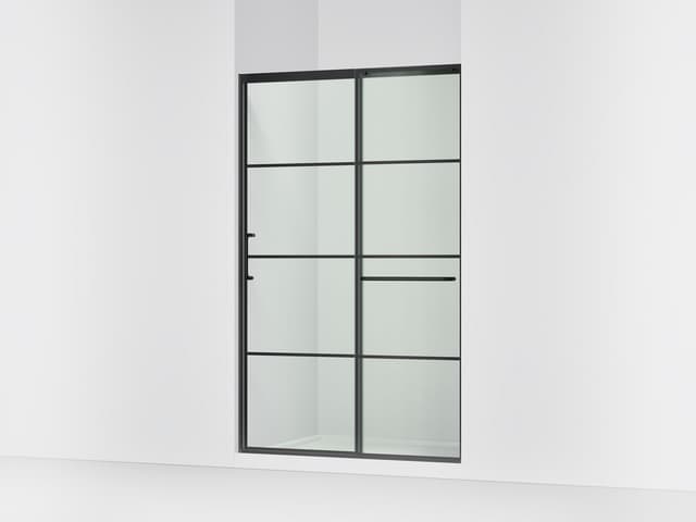 Kohler Elate Sliding shower door, 75-1/2'' H x 44-1/4 - 47-5/8'' W, with heavy 5/16'' thick Crystal Clear glass with rectangular grille pattern - Matte Black