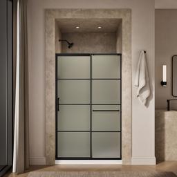 Elate Sliding shower door, 75-1/2'' H x 50-1/4 - 53-5/8'' W, with heavy 5/16'' thick Frosted glass with rectangular grille pattern - Matte Black - image 4