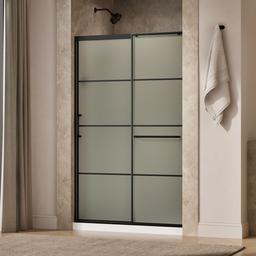 Elate Sliding shower door, 75-1/2'' H x 50-1/4 - 53-5/8'' W, with heavy 5/16'' thick Frosted glass with rectangular grille pattern - Matte Black - image 2