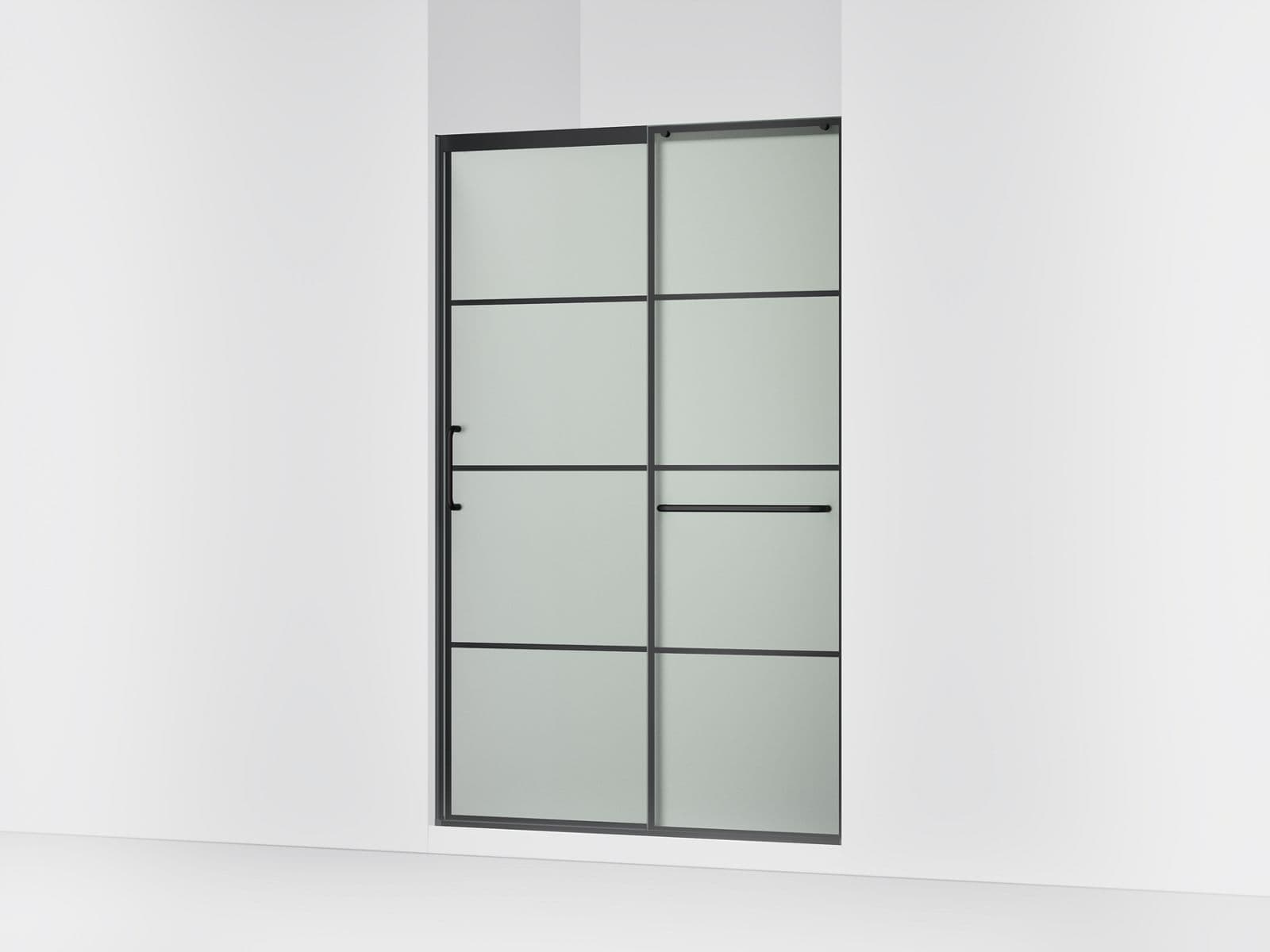 Kohler Elate Sliding shower door, 75-1/2'' H x 50-1/4 - 53-5/8'' W, with heavy 5/16'' thick Frosted glass with rectangular grille pattern - Matte Black by Kohler