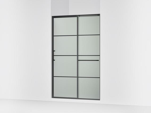 Elate Sliding shower door, 75-1/2'' H x 50-1/4 - 53-5/8'' W, with heavy 5/16'' thick Frosted glass with rectangular grille pattern - Matte Black