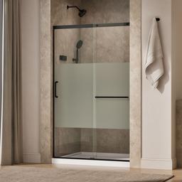 Kohler Elate Sliding shower door, 75-1/2'' H x 44-1/4 - 47-5/8'' W, with heavy 5/16'' thick Crystal Clear glass with privacy band - Matte Black - image 2