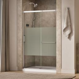 Kohler Elate Sliding shower door, 75-1/2'' H x 44-1/4 - 47-5/8'' W, with heavy 5/16'' thick Crystal Clear glass with privacy band - Bright Silver - image 2