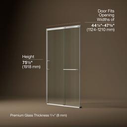 Kohler Elate Sliding shower door, 75-1/2'' H x 44-1/4 - 47-5/8'' W, with heavy 5/16'' thick Crystal Clear glass - Bright Silver - image 3