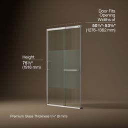 Kohler Elate Sliding shower door, 75-1/2'' H x 50-1/4 - 53-5/8'' W, with heavy 5/16'' thick Crystal Clear glass with privacy band - Bright Silver - image 3