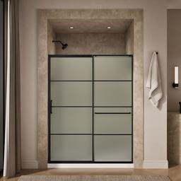 Elate Sliding shower door, 75-1/2'' H x 56-1/4 - 59-5/8'' W, with heavy 5/16'' thick Frosted glass with rectangular grille pattern - Matte Black - image 4