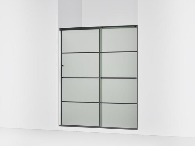 Elate Sliding shower door, 75-1/2'' H x 56-1/4 - 59-5/8'' W, with heavy 5/16'' thick Frosted glass with rectangular grille pattern - Matte Black