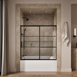 Kohler Elate Sliding bath door, 56-3/4'' H x 56-1/4 - 59-5/8'' W with heavy 5/16'' thick Crystal Clear glass with rectangular grille pattern - Matte Black - image 4