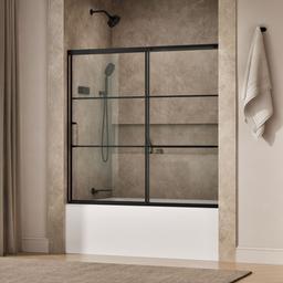 Kohler Elate Sliding bath door, 56-3/4'' H x 56-1/4 - 59-5/8'' W with heavy 5/16'' thick Crystal Clear glass with rectangular grille pattern - Matte Black - image 2