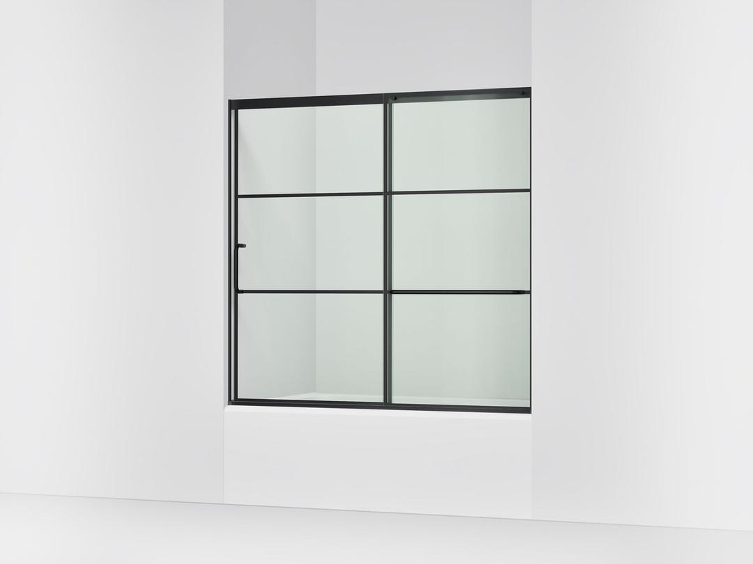 Kohler Elate Sliding bath door, 56-3/4'' H x 56-1/4 - 59-5/8'' W with heavy 5/16'' thick Crystal Clear glass with rectangular grille pattern - Matte Black by Kohler