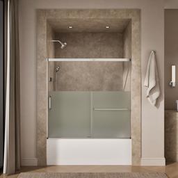 Kohler Elate Sliding bath door, 56-3/4'' H x 56-1/4 - 59-5/8'' W with heavy 5/16'' thick Crystal Clear glass with privacy band - Bright Silver - image 4