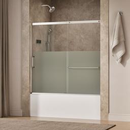 Kohler Elate Sliding bath door, 56-3/4'' H x 56-1/4 - 59-5/8'' W with heavy 5/16'' thick Crystal Clear glass with privacy band - Bright Silver - image 2