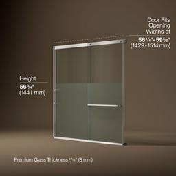 Kohler Elate Sliding bath door, 56-3/4'' H x 56-1/4 - 59-5/8'' W with heavy 5/16'' thick Crystal Clear glass with privacy band - Bright Silver - image 3