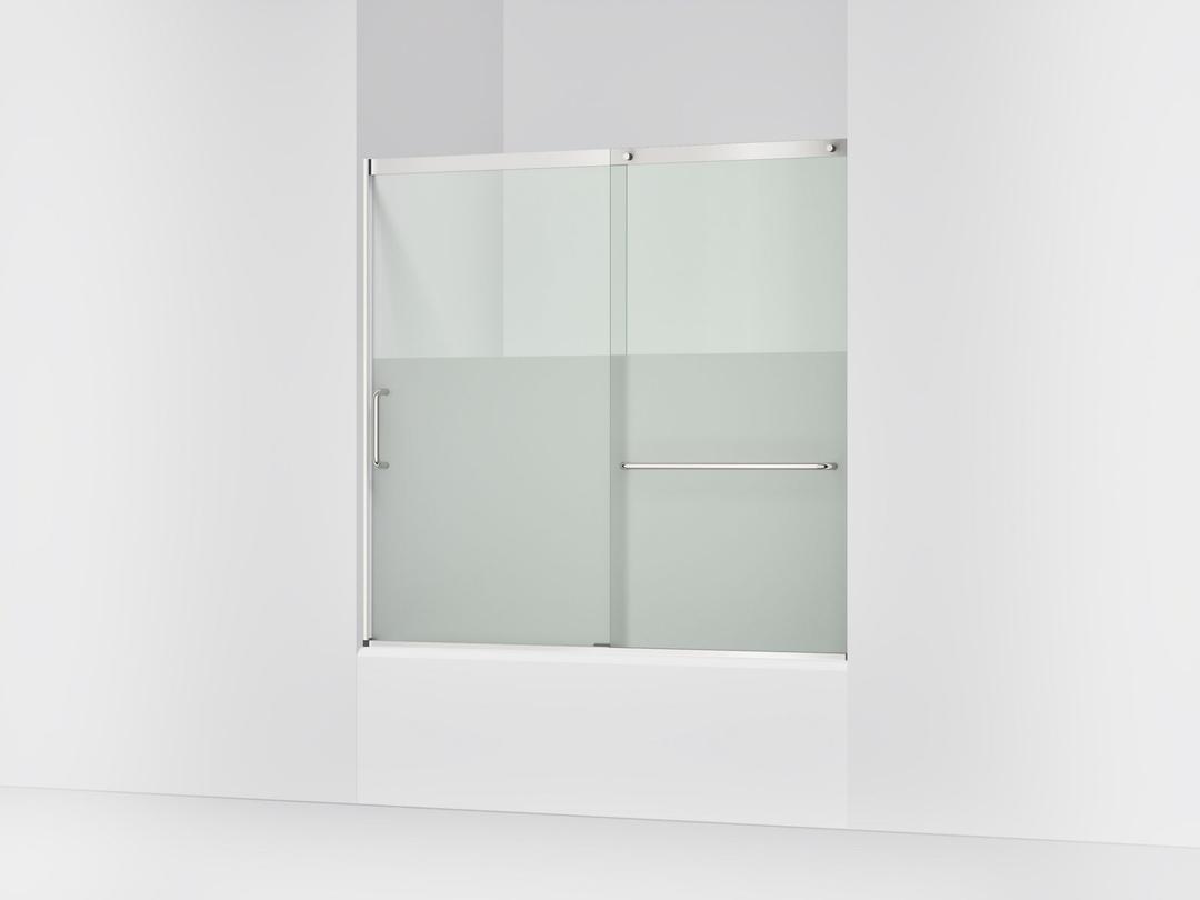 Kohler Elate Sliding bath door, 56-3/4'' H x 56-1/4 - 59-5/8'' W with heavy 5/16'' thick Crystal Clear glass with privacy band - Bright Silver by Kohler