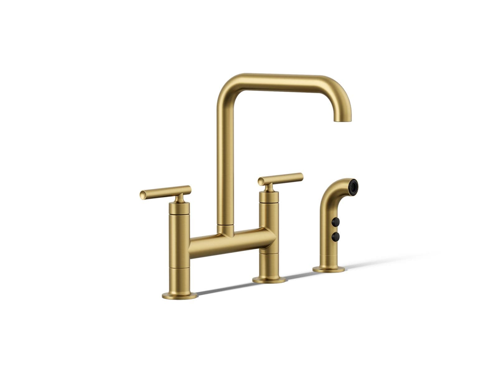 Kohler Purist Two-hole bridge kitchen sink faucet with side sprayer - Vibrant Brushed Moderne Brass by Kohler