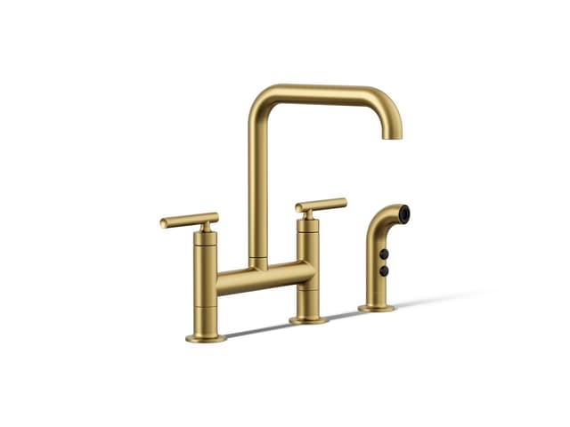 Kohler Purist Two-hole bridge kitchen sink faucet with side sprayer - Vibrant Brushed Moderne Brass