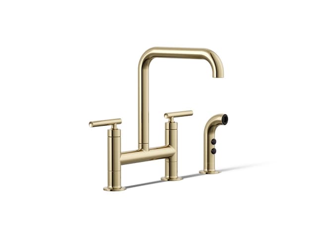 Kohler Purist Two-hole bridge kitchen sink faucet with side sprayer - Vibrant French Gold