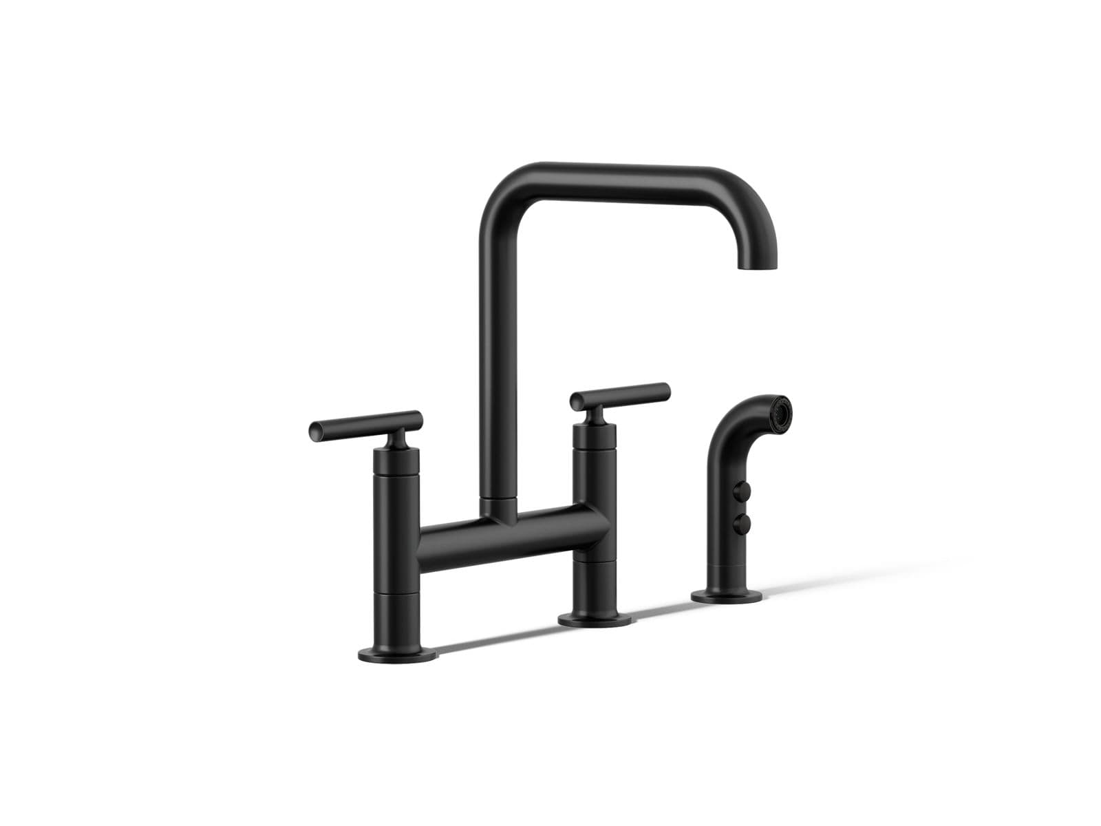 Kohler Purist Two-hole bridge kitchen sink faucet with side sprayer - Matte Black by Kohler