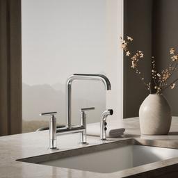 Kohler Purist Two-hole bridge kitchen sink faucet with side sprayer - Polished Chrome - image 2
