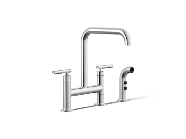 Kohler Purist Two-hole bridge kitchen sink faucet with side sprayer - Polished Chrome