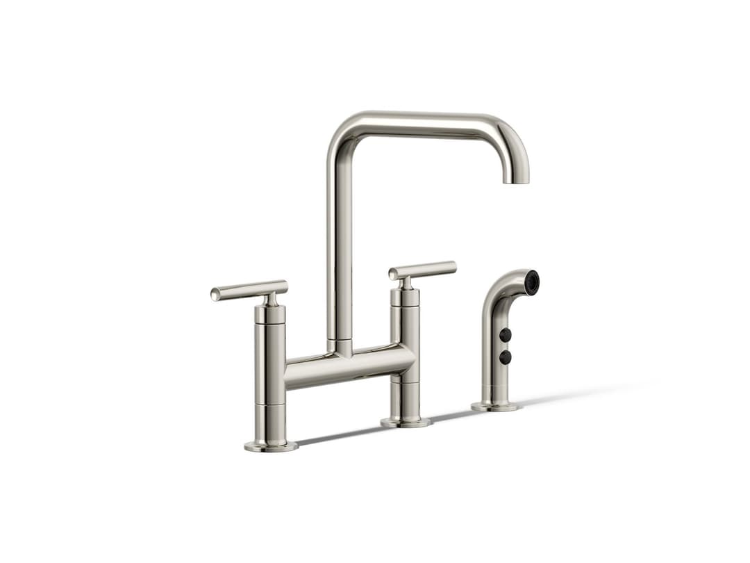 Kohler Purist Two-hole bridge kitchen sink faucet with side sprayer - Vibrant Polished Nickel by Kohler
