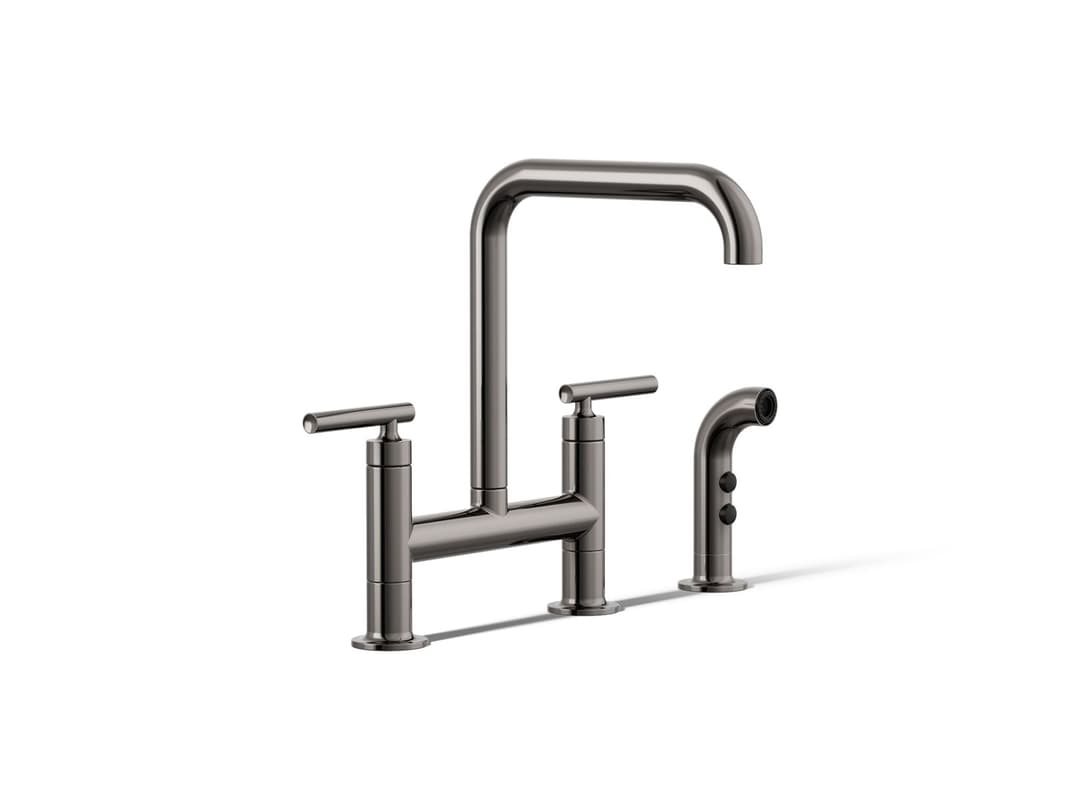 Kohler Purist Two-hole bridge kitchen sink faucet with side sprayer - Vibrant Titanium by Kohler