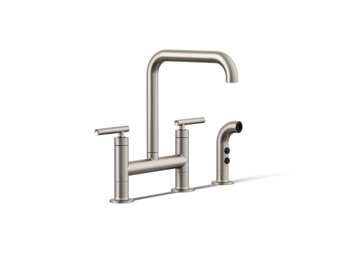 Kohler Purist Two-hole bridge kitchen sink faucet with side sprayer - Vibrant Stainless by Kohler