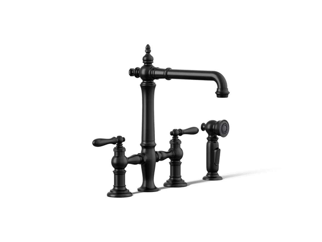 Kohler Artifacts Two-hole bridge kitchen sink faucet with side sprayer - Matte Black by Kohler