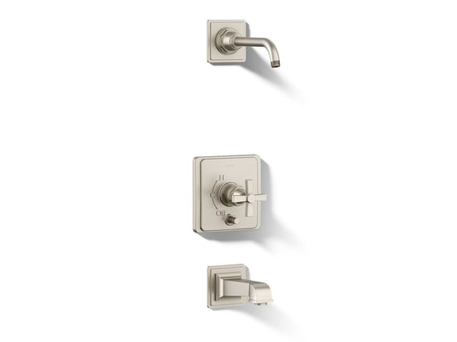 Kohler Pinstripe Pure Rite-Temp bath and shower trim kit with push-button diverter and cross handle, without showerhead - Vibrant Brushed Nickel