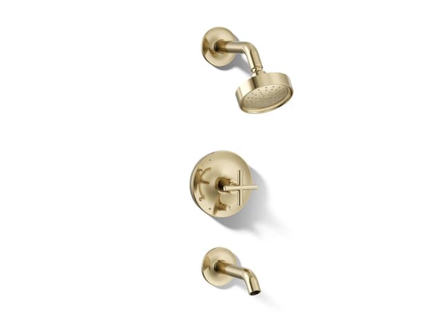 Kohler Purist Rite-Temp bath and shower trim kit with push-button diverter and cross handle, 1.75 gpm - Vibrant French Gold