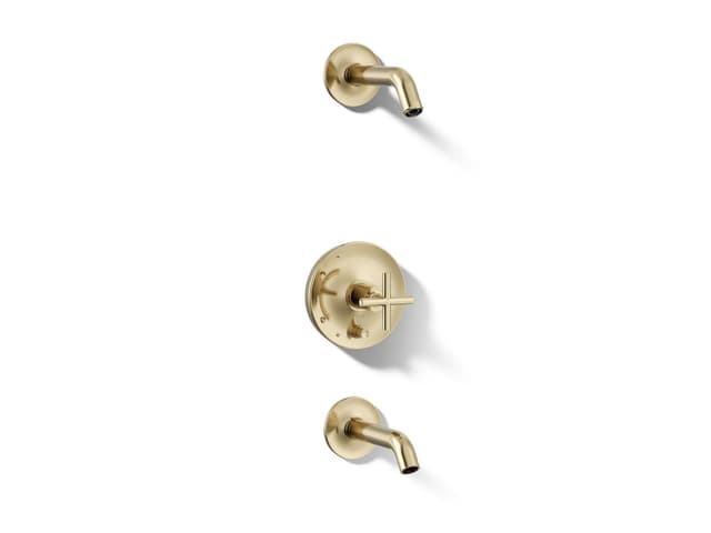 Kohler Purist Rite-Temp bath and shower trim kit with push-button diverter and cross handle, without showerhead - Vibrant French Gold