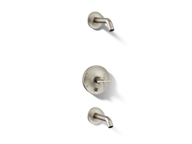 Kohler Purist Rite-Temp bath and shower trim kit with push-button diverter and cross handle, without showerhead - Vibrant Brushed Nickel