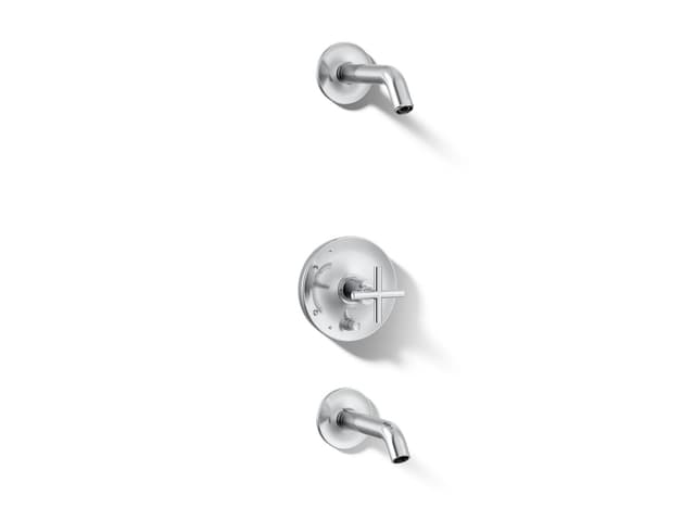 Kohler Purist Rite-Temp bath and shower trim kit with push-button diverter and cross handle, without showerhead - Polished Chrome