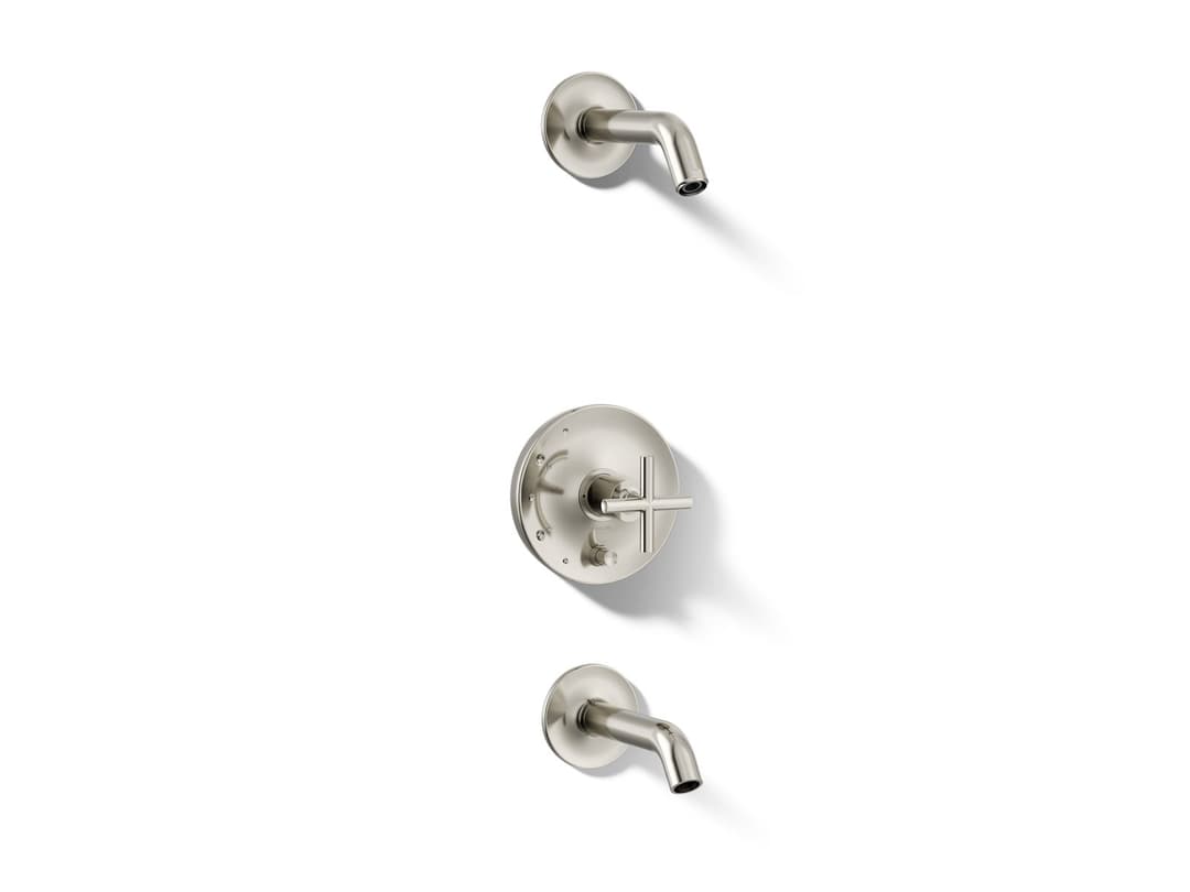 Kohler Purist Rite-Temp bath and shower trim kit with push-button diverter and cross handle, without showerhead - Vibrant Polished Nickel by Kohler