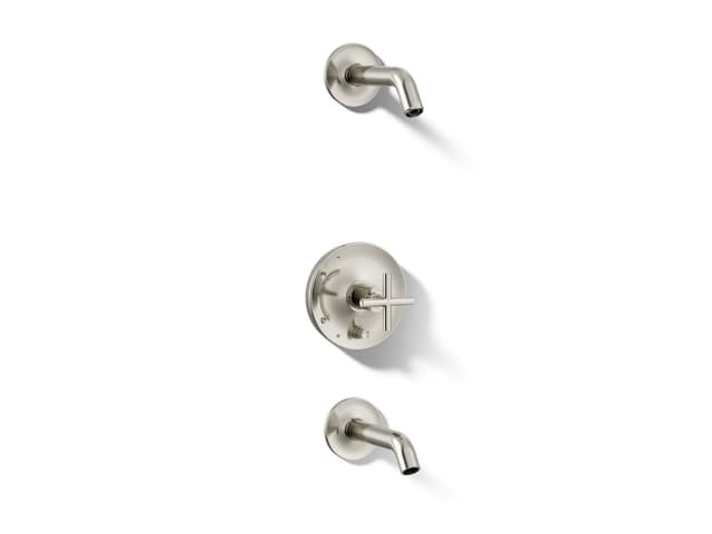 Kohler Purist Rite-Temp bath and shower trim kit with push-button diverter and cross handle, without showerhead - Vibrant Polished Nickel