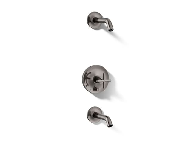 Kohler Purist Rite-Temp bath and shower trim kit with push-button diverter and cross handle, without showerhead - Vibrant Titanium