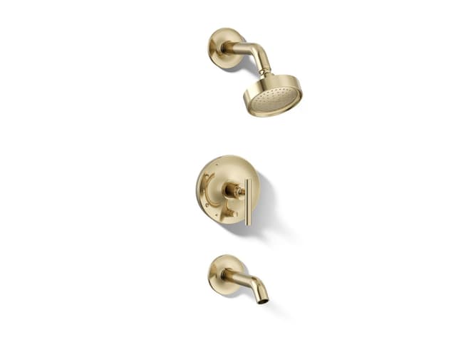 Kohler Purist Rite-Temp bath and shower trim kit with push-button diverter and lever handle, 2.5 gpm - Vibrant French Gold