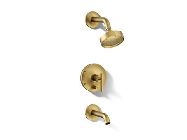 Kohler Purist Rite-Temp bath and shower trim kit with push-button diverter and lever handle, 1.75 gpm - Vibrant Brushed Moderne Brass