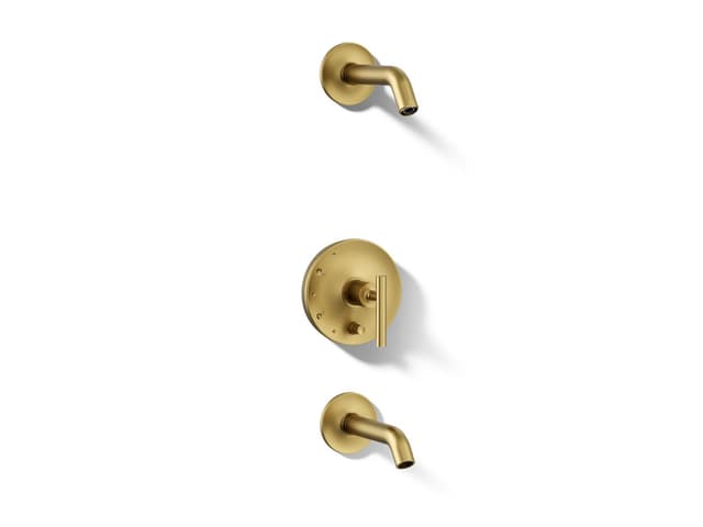 Kohler Purist Rite-Temp bath and shower trim kit with push-button diverter and lever handle, without showerhead - Vibrant Brushed Moderne Brass
