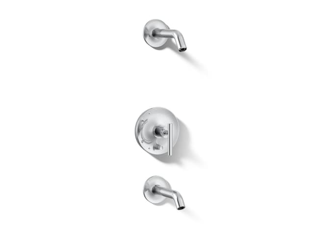 Kohler Purist Rite-Temp bath and shower trim kit with push-button diverter and lever handle, without showerhead - Polished Chrome